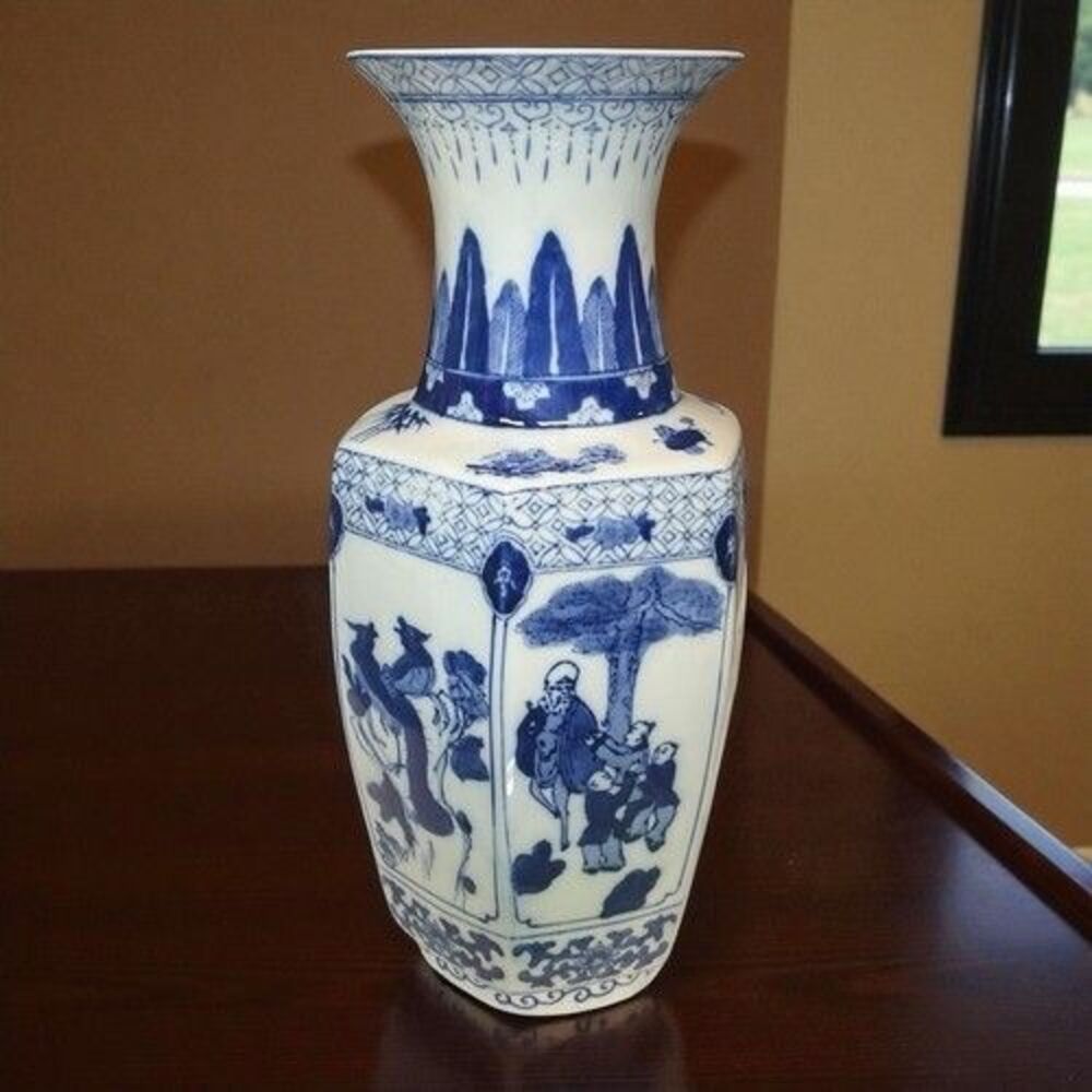 VTG GAO Ancienne‎ Porcelain Hand Painted Chinese Hexagon Panelled Vase 18"X10"